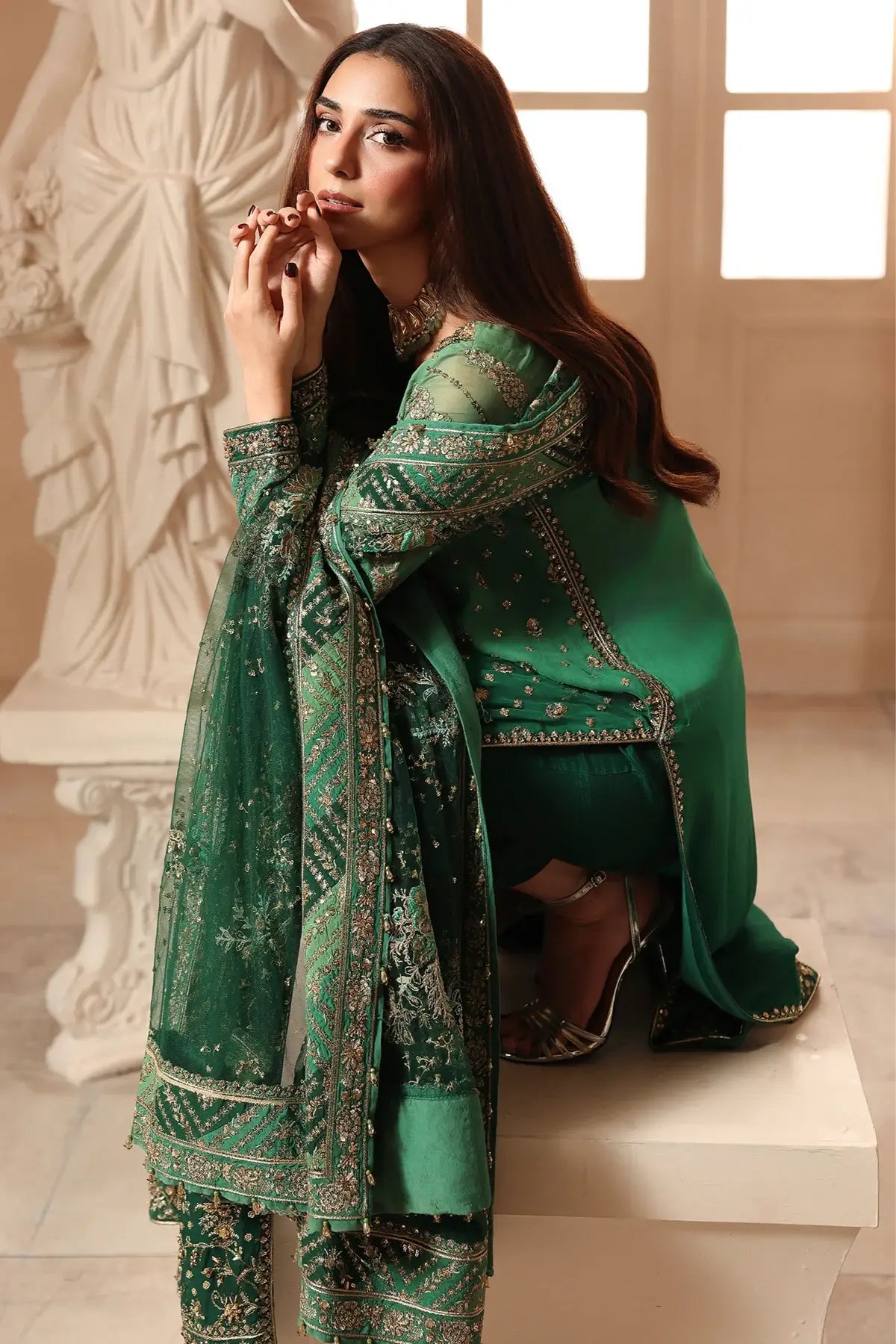 DJW6-03 green embroidered stitched Pakistani festive 3PC suit with adda work chiffon shirt, raw silk trouser and embroidered net dupatta