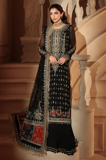 DJW6-04 black embroidered chiffon stitched wedding 3PC suit with gold adda work, raw silk trouser and embroidered net dupatta