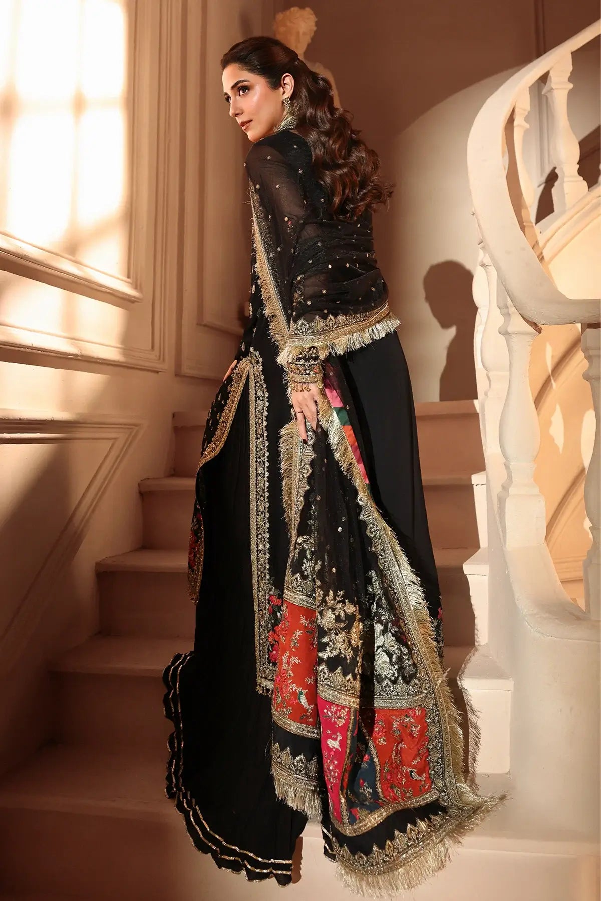 DJW6-04 black embroidered chiffon stitched wedding 3PC suit with gold adda work, raw silk trouser and embroidered net dupatta