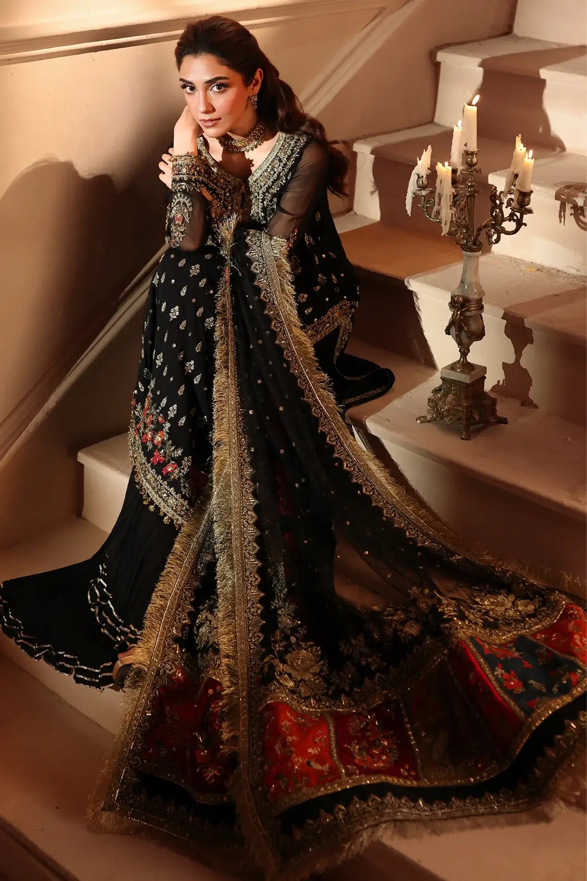 DJW6-04 black embroidered chiffon stitched wedding 3PC suit with gold adda work, raw silk trouser and embroidered net dupatta
