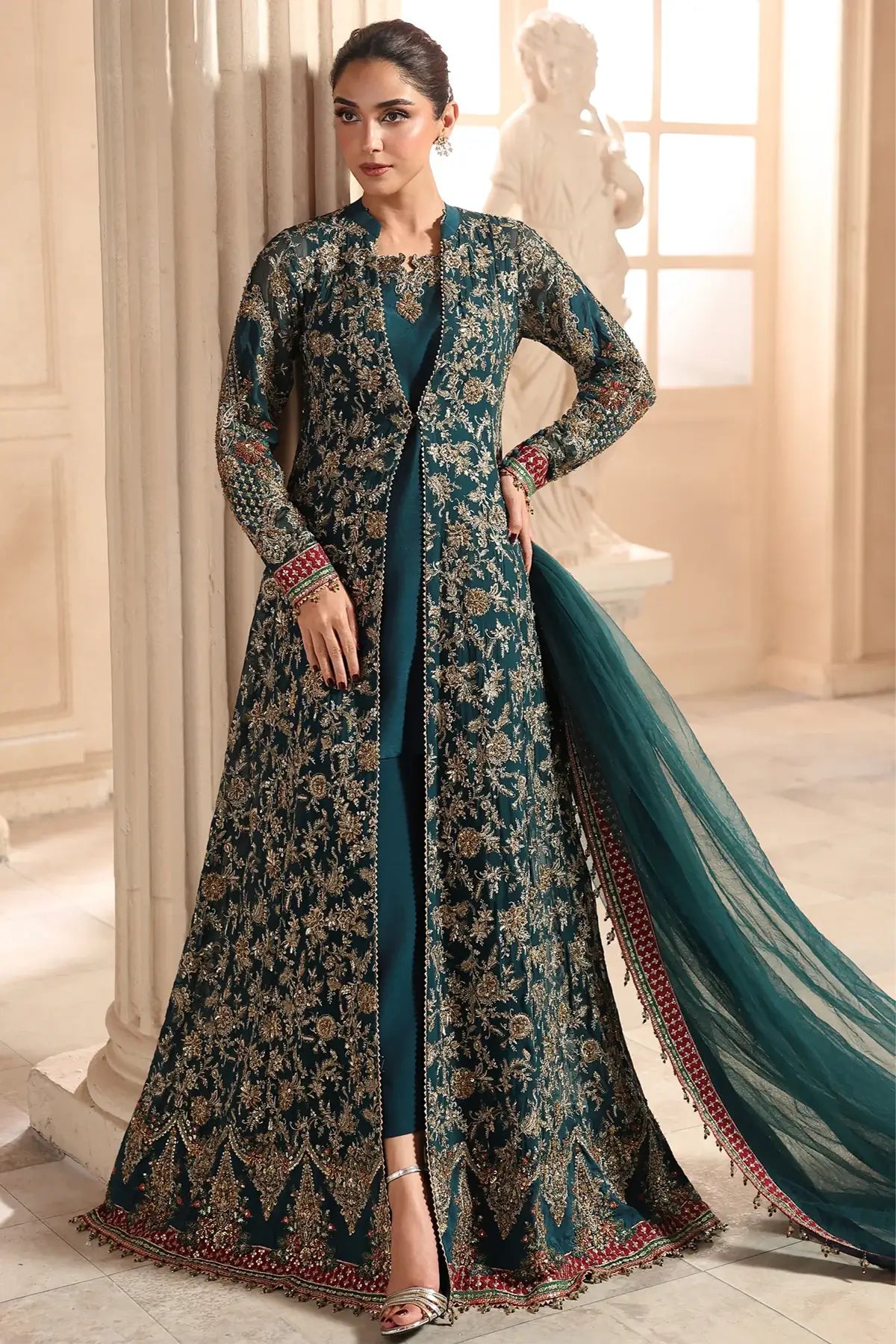DJW6-05 deep teal embroidered chiffon stitched jacket suit with adda work, raw silk trouser and matching net dupatta