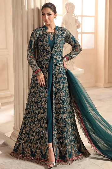 DJW6-05 deep teal embroidered chiffon stitched jacket suit with adda work, raw silk trouser and matching net dupatta