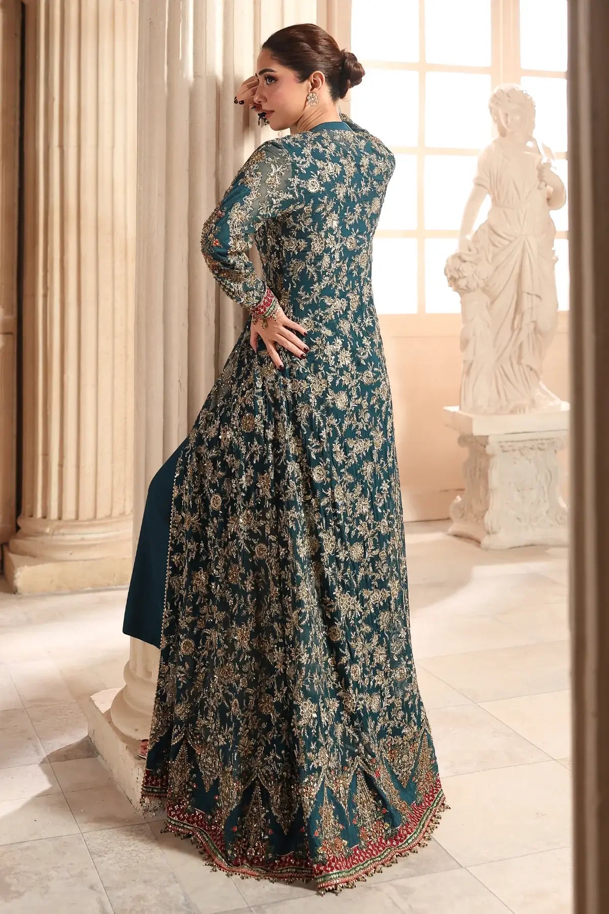 DJW6-05 deep teal embroidered chiffon stitched jacket suit with adda work, raw silk trouser and matching net dupatta