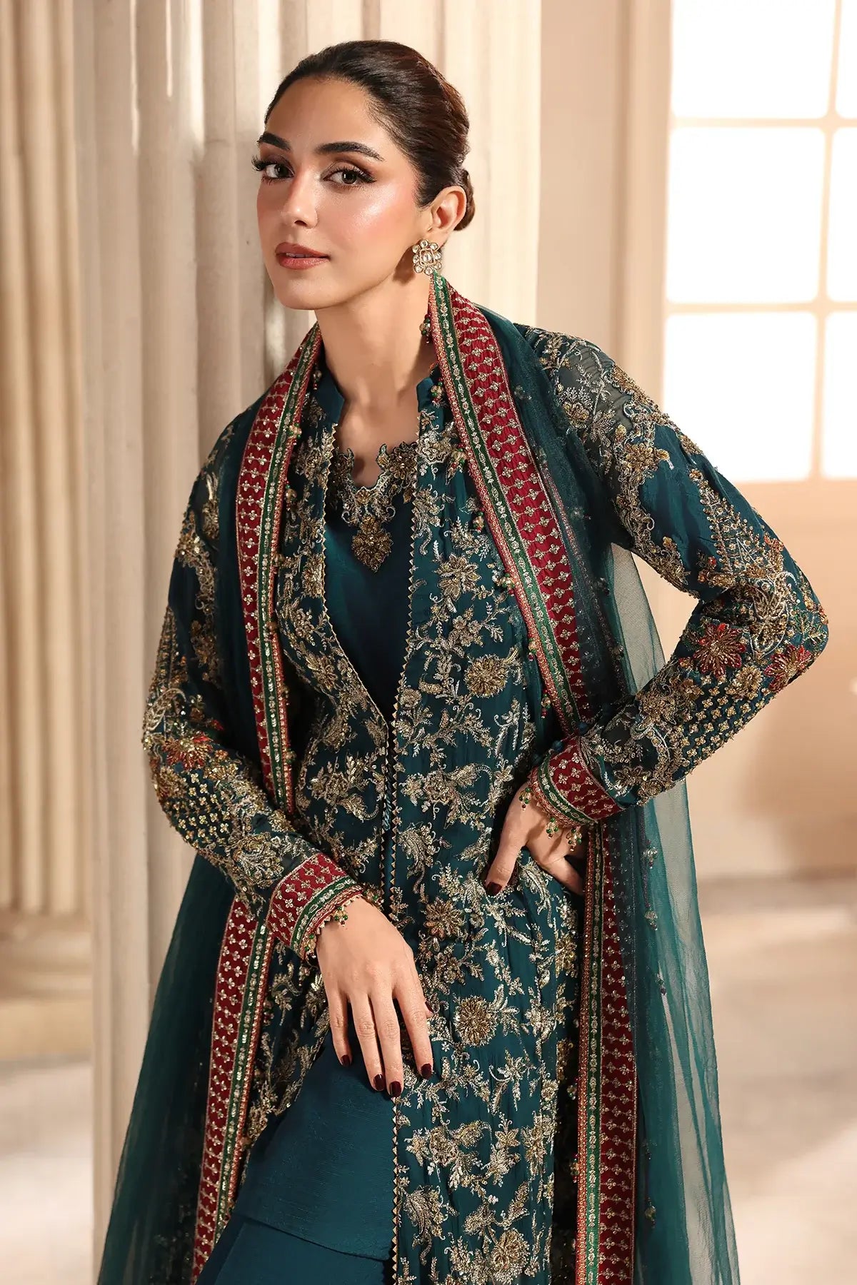 DJW6-05 deep teal embroidered chiffon stitched jacket suit with adda work, raw silk trouser and matching net dupatta