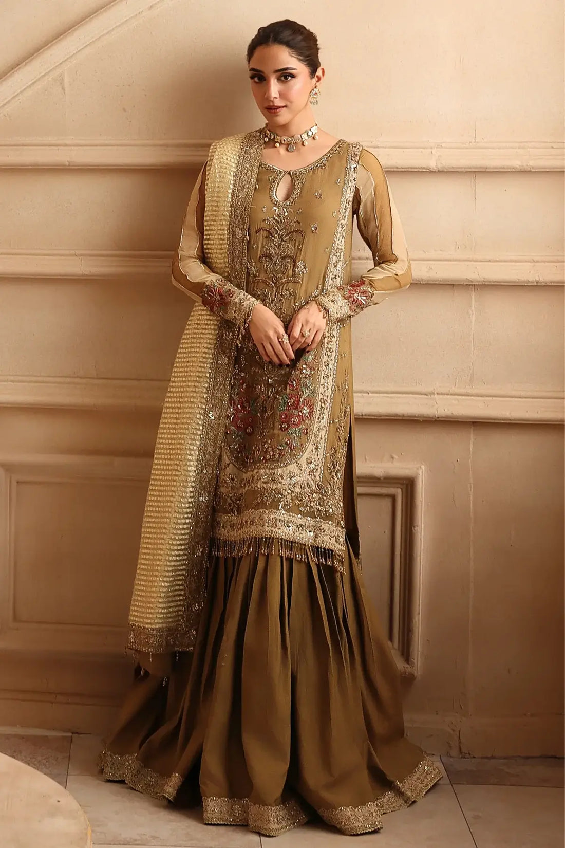DJW6-06 bronze chiffon stitched Pakistani gharara 3PC suit with adda work shirt, raw silk gharara and embroidered organza zari dupatta