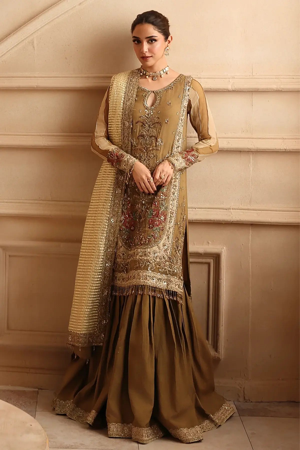 DJW6-06 bronze chiffon stitched Pakistani gharara 3PC suit with adda work shirt, raw silk gharara and embroidered organza zari dupatta