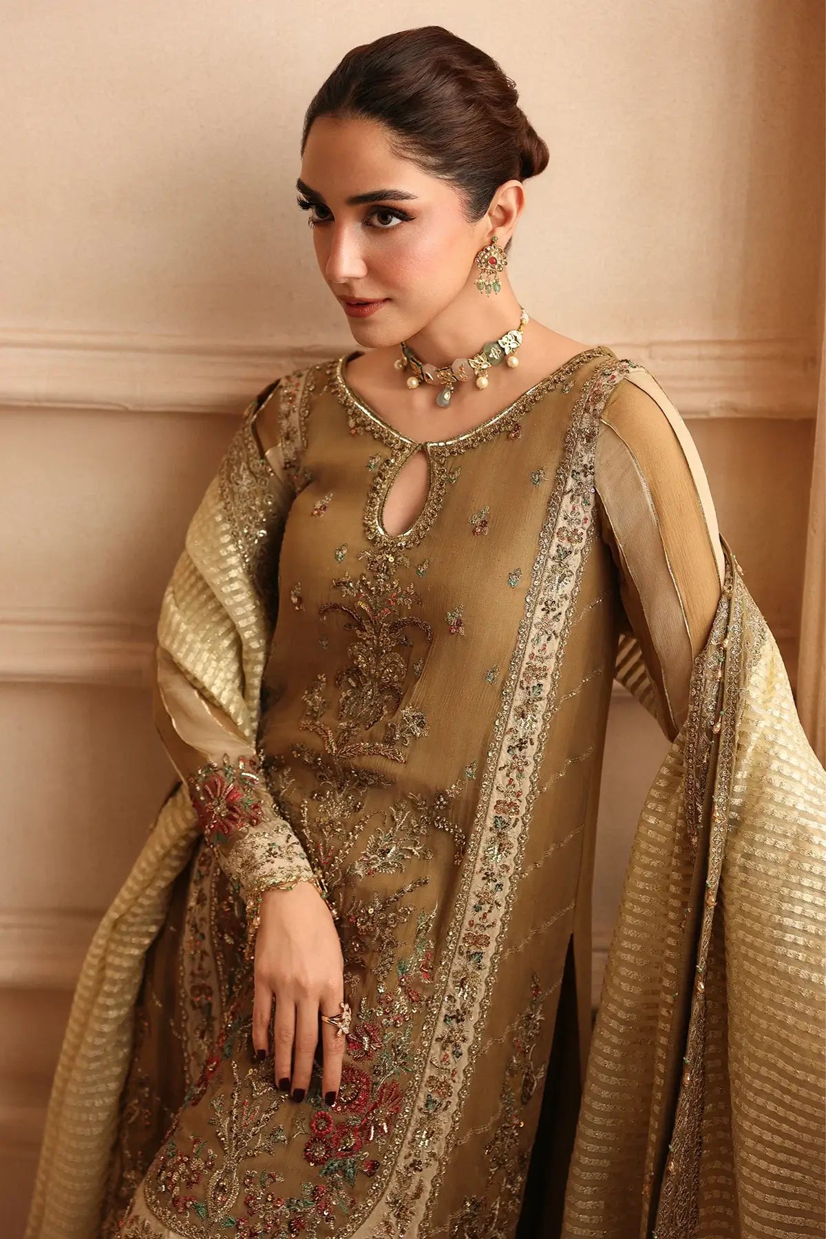 DJW6-06 bronze chiffon stitched Pakistani gharara 3PC suit with adda work shirt, raw silk gharara and embroidered organza zari dupatta