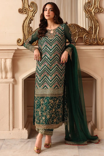 DJW6-07 emerald green embroidered chiffon stitched 3PC suit with adda work, raw silk trouser and matching green dupatta