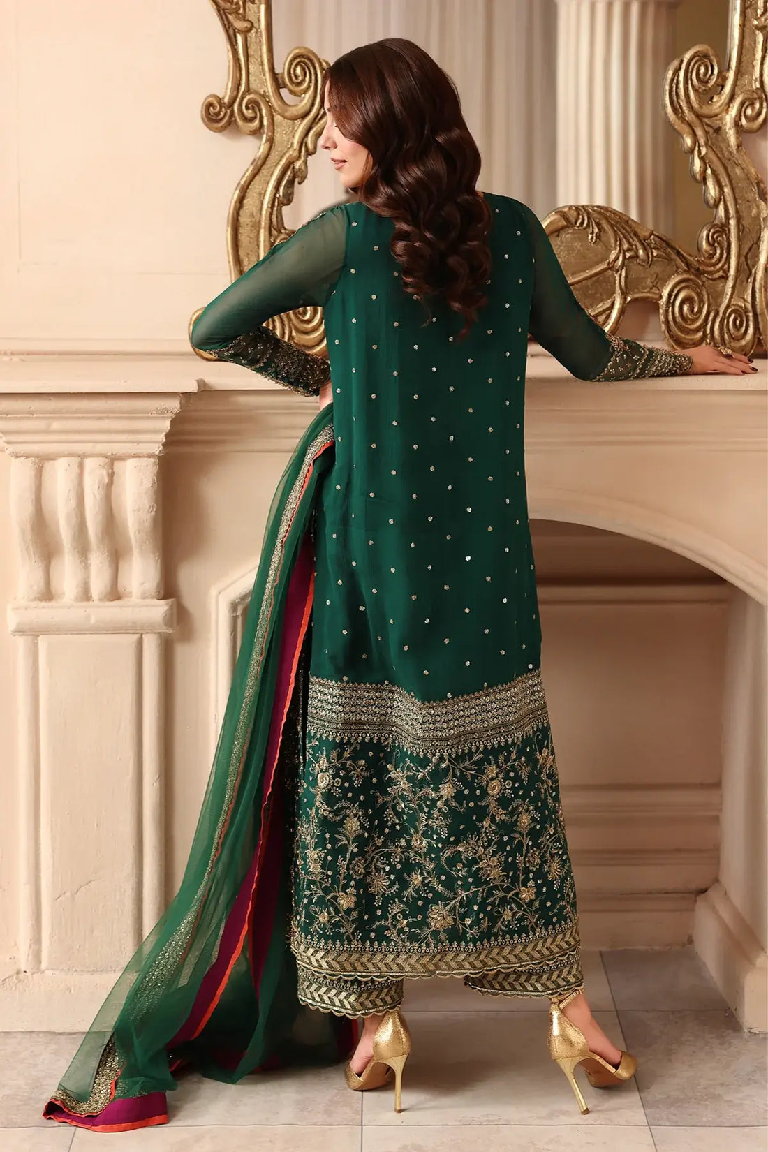 DJW6-07 emerald green embroidered chiffon stitched 3PC suit with adda work, raw silk trouser and matching green dupatta