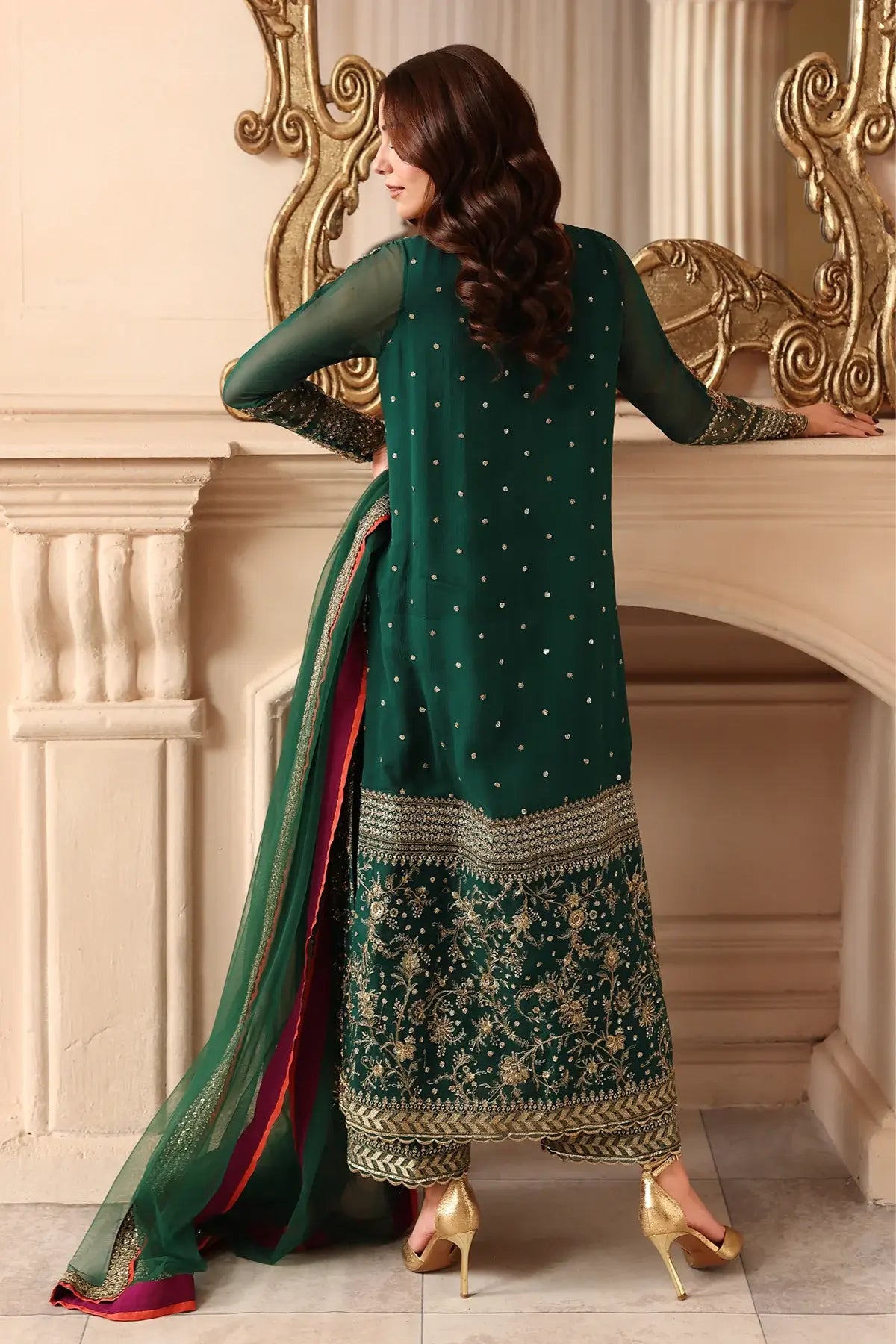 DJW6-07 emerald green embroidered chiffon stitched 3PC suit with adda work, raw silk trouser and matching green dupatta