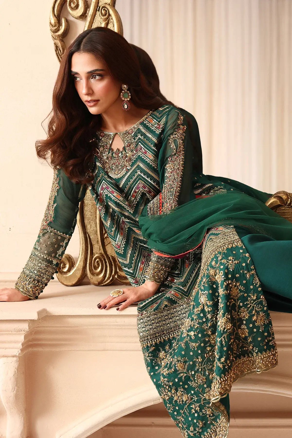 DJW6-07 emerald green embroidered chiffon stitched 3PC suit with adda work, raw silk trouser and matching green dupatta