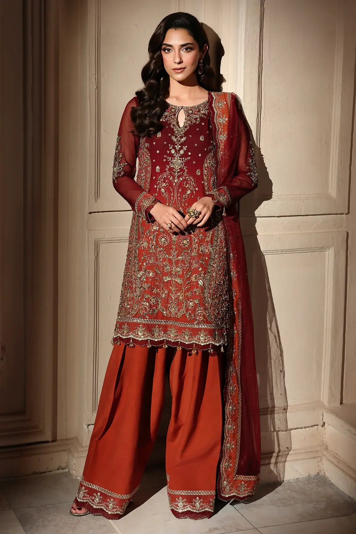 DJW6-08 rust embroidered chiffon stitched shalwar kameez suit with adda work, raw silk shalwar and embroidered net dupatta