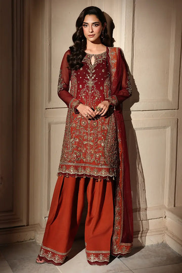 DJW6-08 rust embroidered chiffon stitched shalwar kameez suit with adda work, raw silk shalwar and embroidered net dupatta