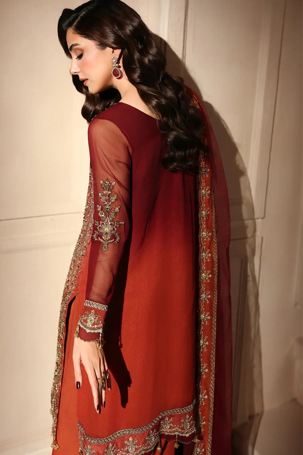 DJW6-08 rust embroidered chiffon stitched shalwar kameez suit with adda work, raw silk shalwar and embroidered net dupatta