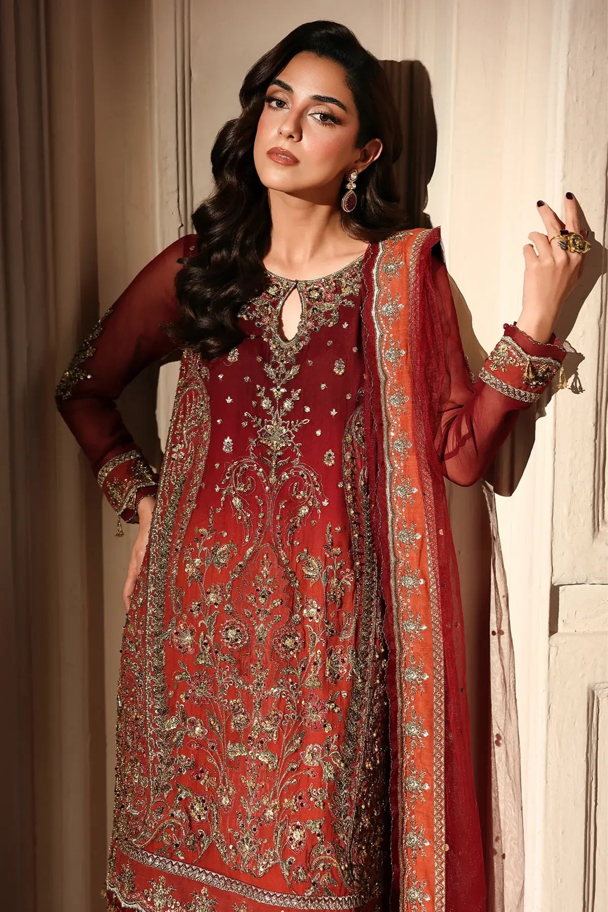 DJW6-08 rust embroidered chiffon stitched shalwar kameez suit with adda work, raw silk shalwar and embroidered net dupatta