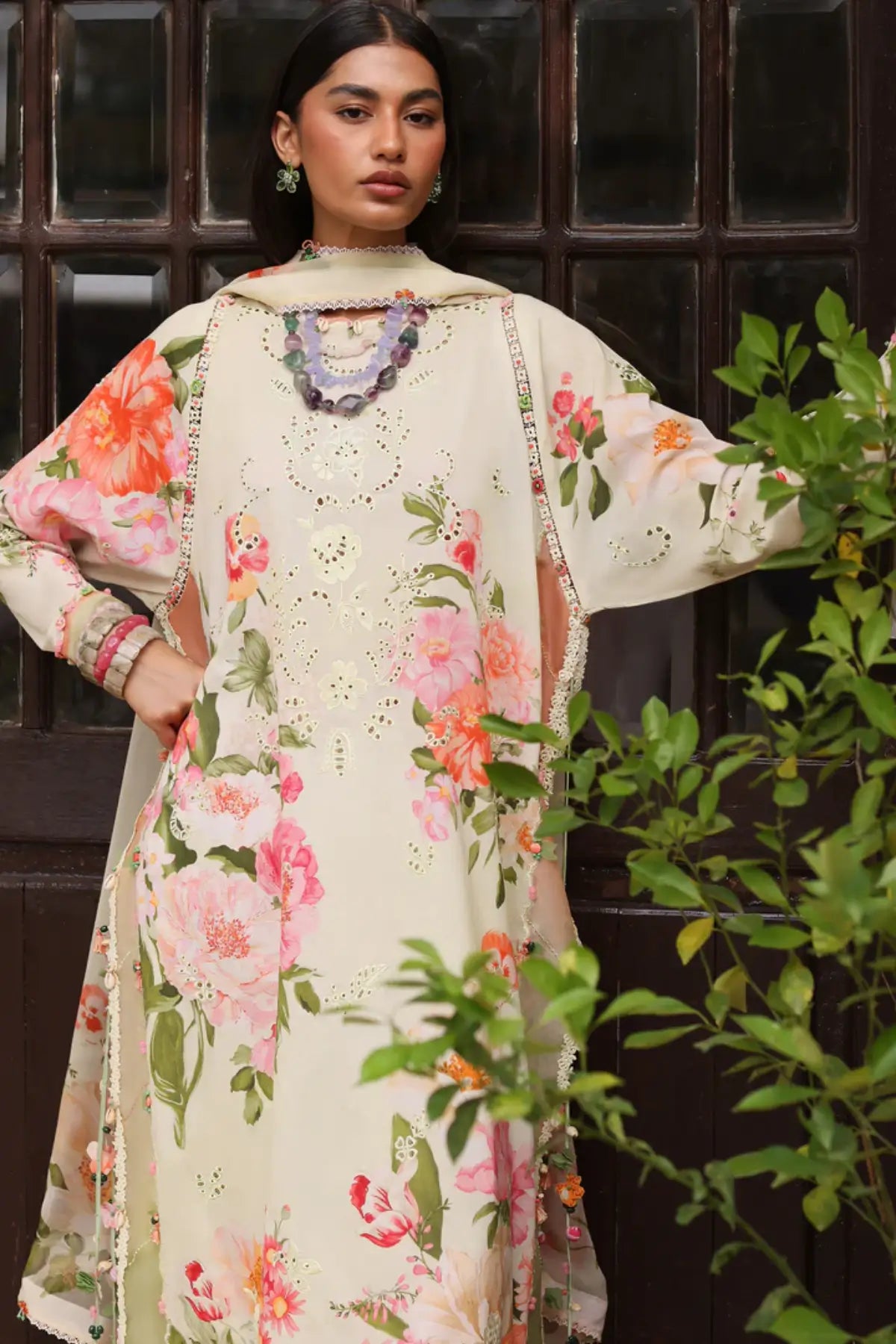 Zaha Dahlia ZF26-06 cream stitched lawn 3PC suit with floral print and chiffon dupatta