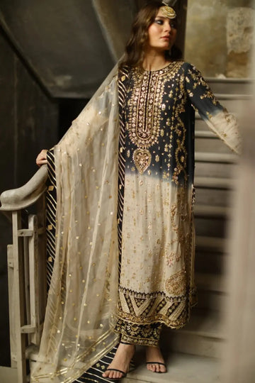 Dahlia Black & Gold Handmade Ombre Silk Net Festive Shirt with Gold Floral Handwork, Cotton Pants and Cotton Silk Dupatta