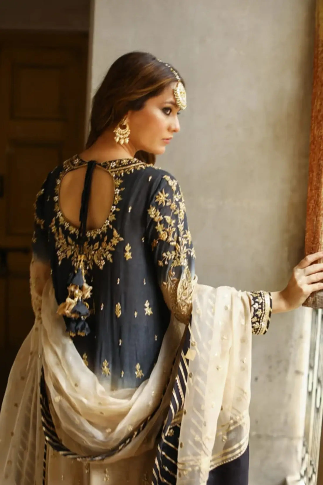 Dahlia Black & Gold Handmade Ombre Silk Net Festive Shirt with Gold Floral Handwork, Cotton Pants and Cotton Silk Dupatta