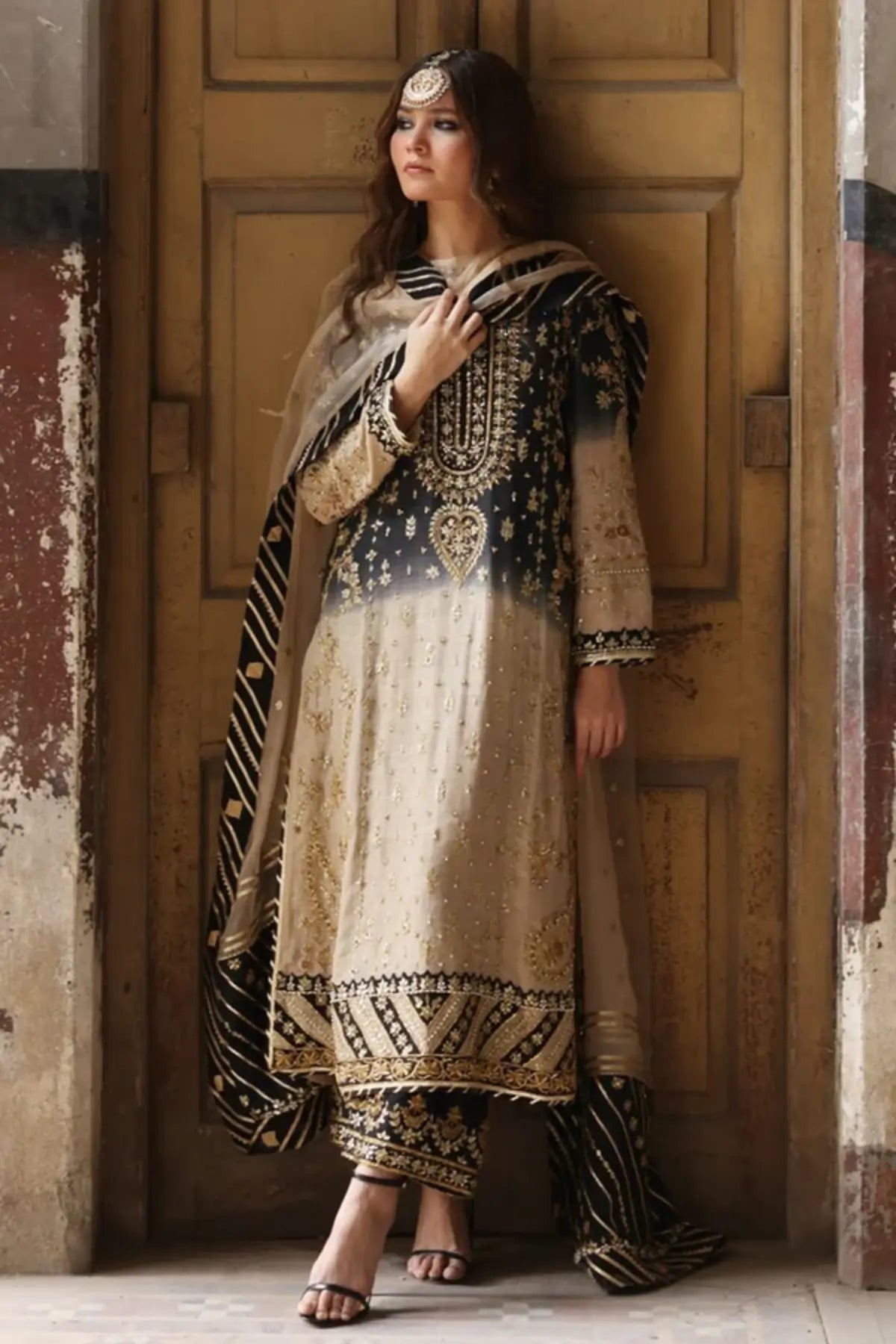 Dahlia Black & Gold Handmade Ombre Silk Net Festive Shirt with Gold Floral Handwork, Cotton Pants and Cotton Silk Dupatta