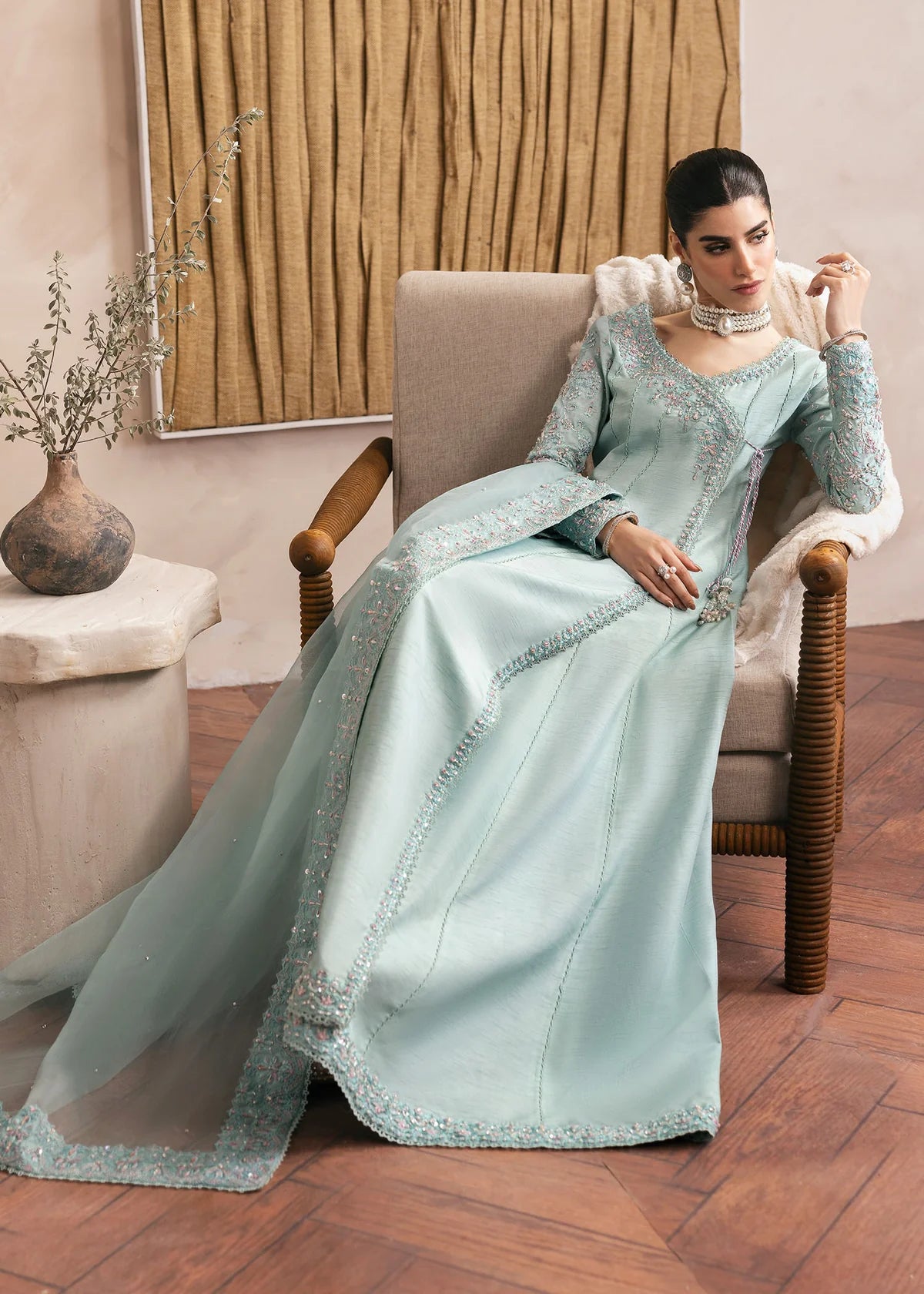 raw silk dresses with organza dupatta Daisy-Pure Raw Silk Angrakha with Kathan Organza Dupatta By-Kanwal Malik
