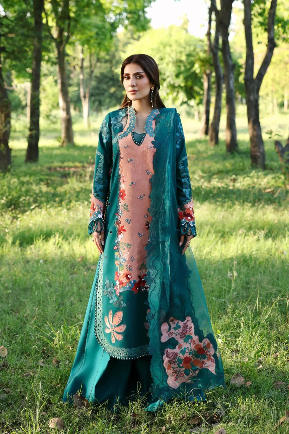 Daliya bottle green Afrozeh A Lawn 2026 stitched suit with floral embroidery and printed dupatta