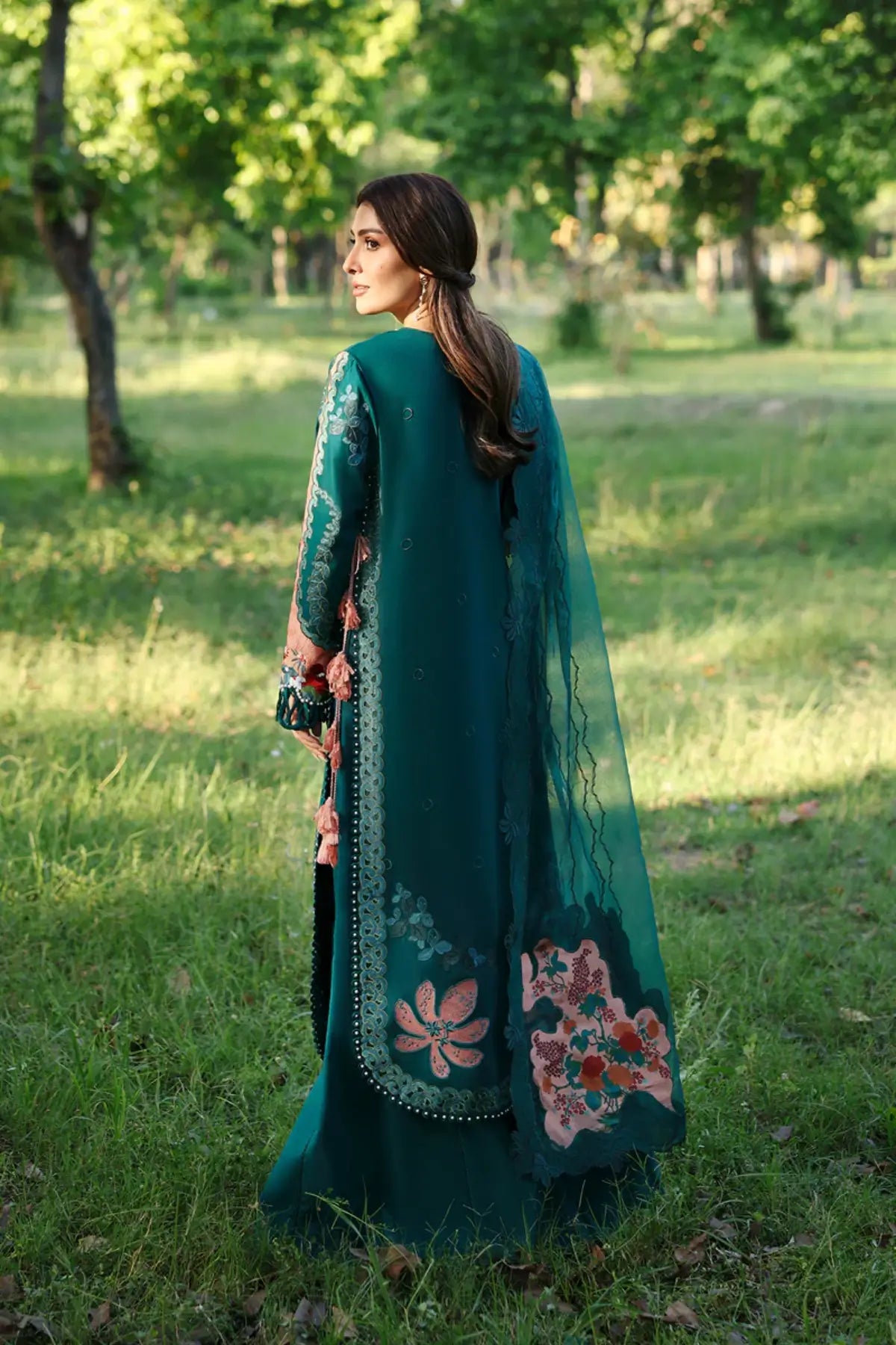 Daliya bottle green Afrozeh A Lawn 2026 stitched suit with floral embroidery and printed dupatta