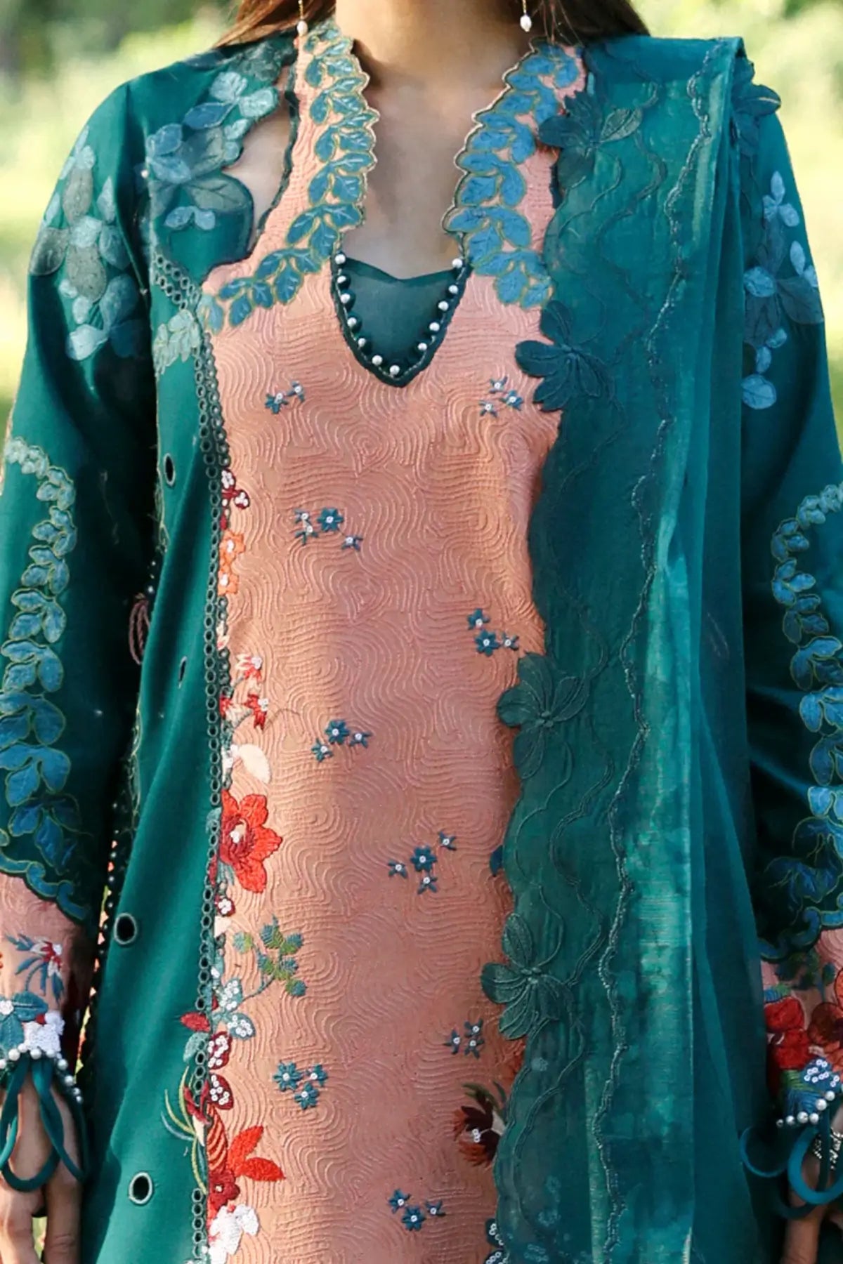 Daliya bottle green Afrozeh A Lawn 2026 stitched suit with floral embroidery and printed dupatta