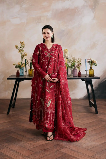 Daneen Maryam Hussain Luxury Lawn Crimson Red Stitched Suit with Embroidered Cotton Net Dupatta