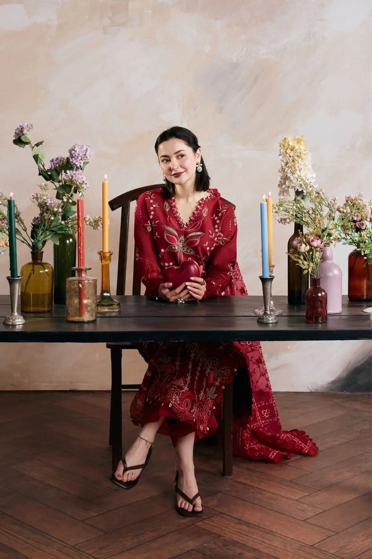 Daneen Maryam Hussain Luxury Lawn Crimson Red Stitched Suit with Embroidered Cotton Net Dupatta