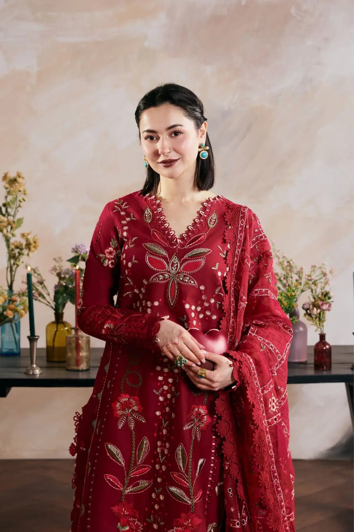 Daneen Maryam Hussain Luxury Lawn Crimson Red Stitched Suit with Embroidered Cotton Net Dupatta