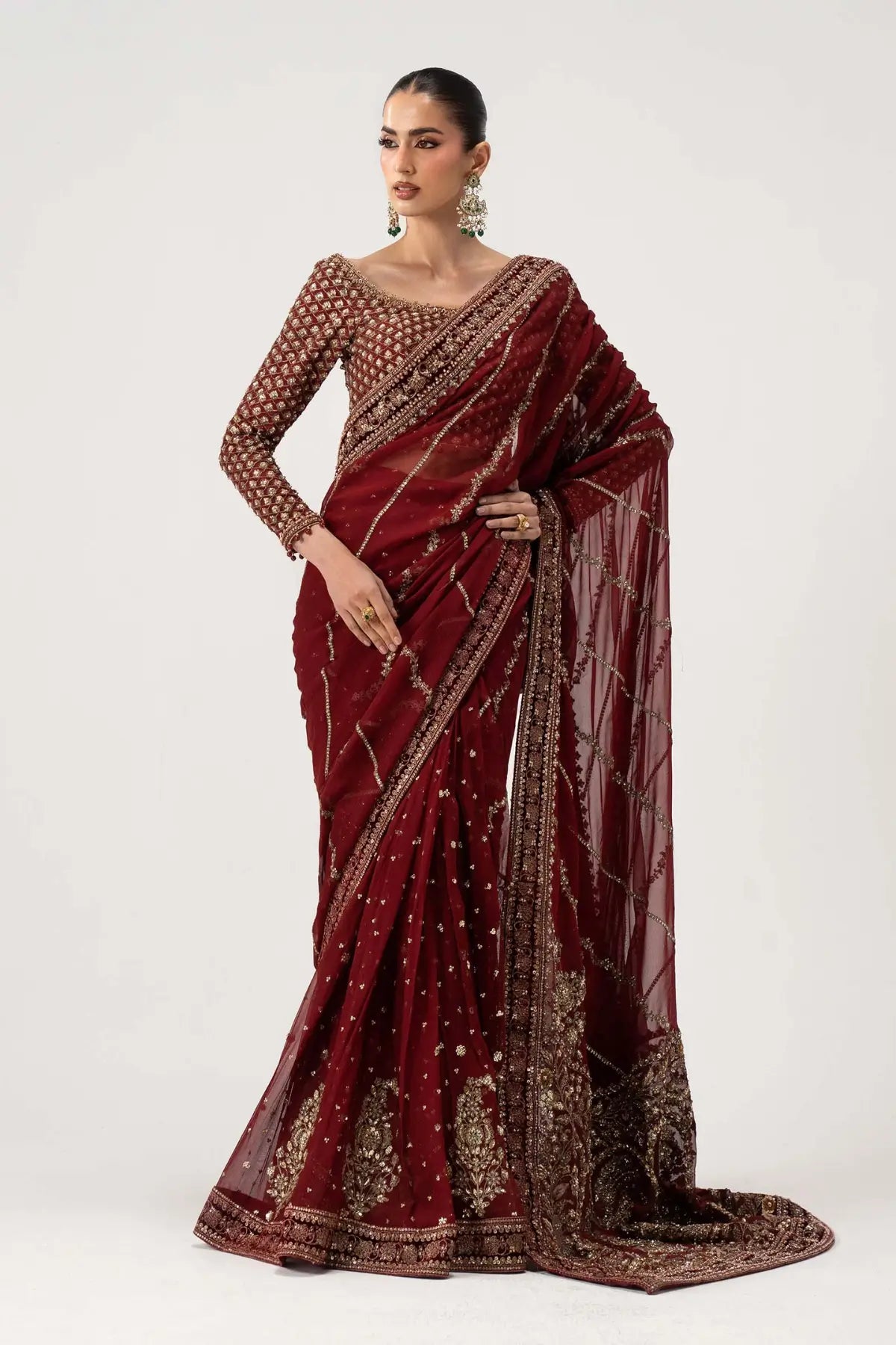 Danira cherry red luxury embellished chiffon saree with raw silk blouse and petticoat by Maria B