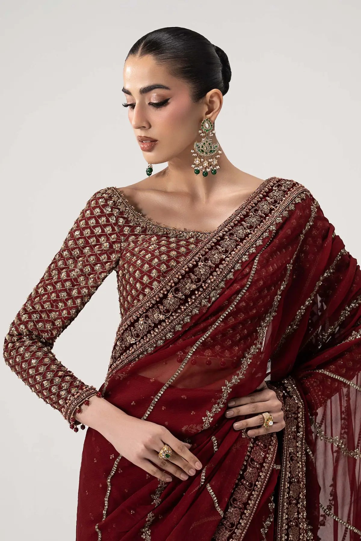 Danira cherry red luxury embellished chiffon saree with raw silk blouse and petticoat by Maria B