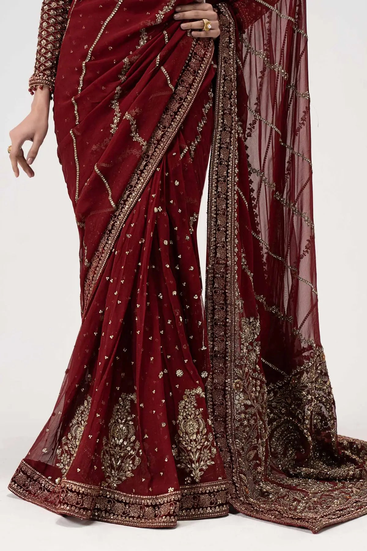 Danira cherry red luxury embellished chiffon saree with raw silk blouse and petticoat by Maria B
