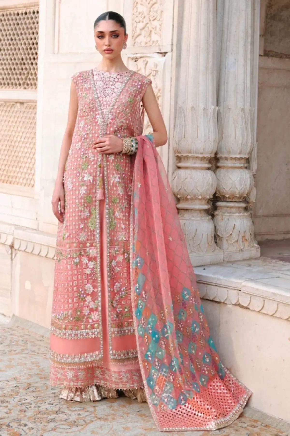 Saira Shakira Wedding Daphne coral pink embroidered organza sharara suit with hand embellished printed dupatta