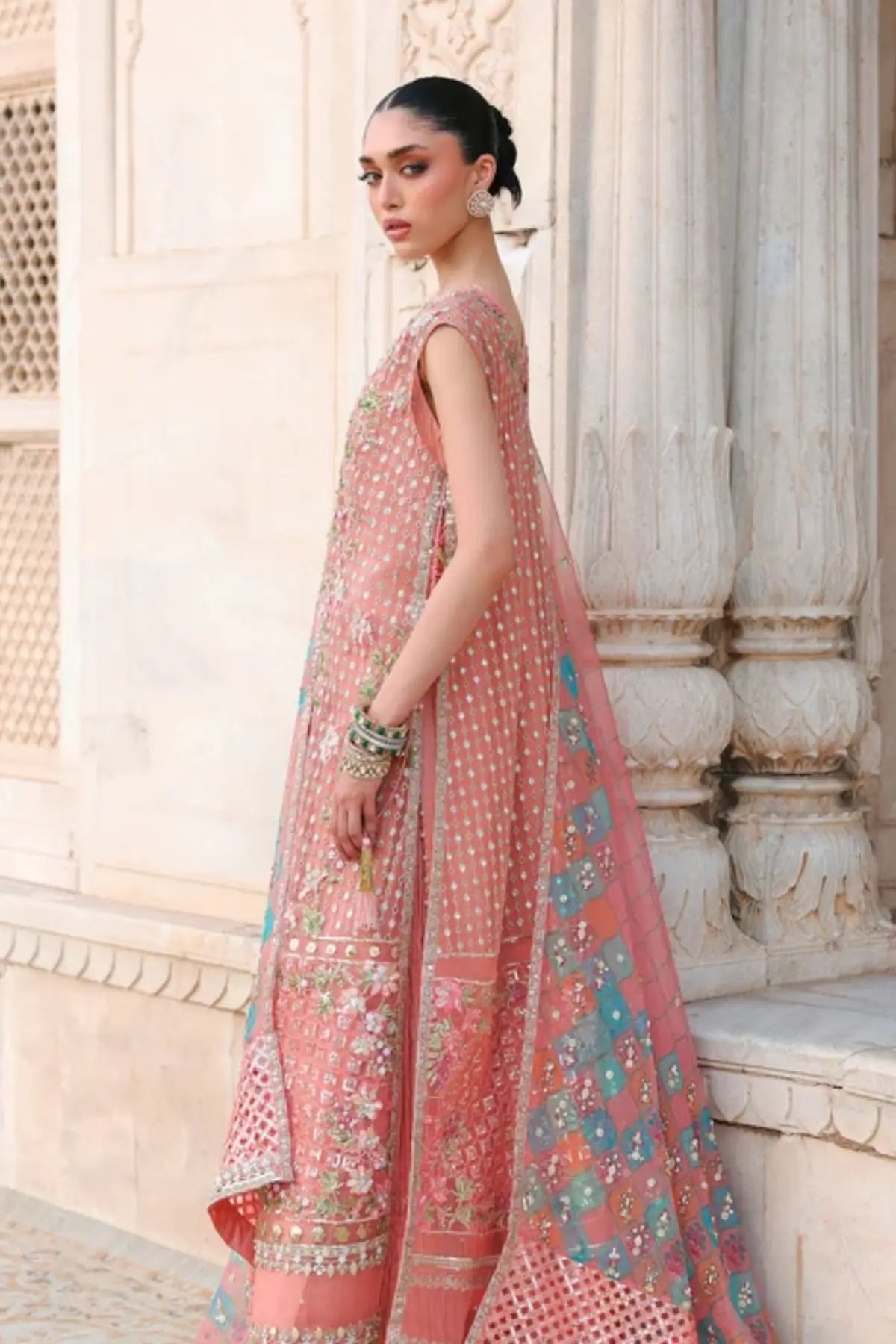 Saira Shakira Wedding Daphne coral pink embroidered organza sharara suit with hand embellished printed dupatta