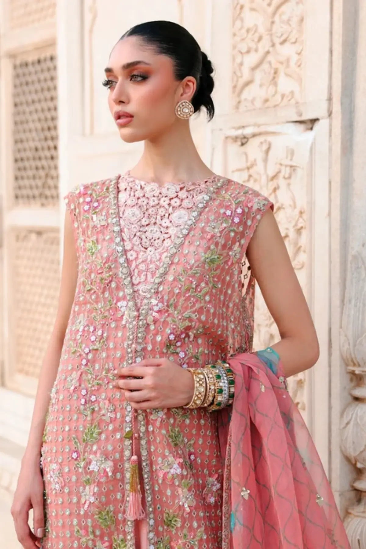 Saira Shakira Wedding Daphne coral pink embroidered organza sharara suit with hand embellished printed dupatta