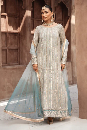 Darcel frost blue embroidered chiffon kurta set with net dupatta and raw silk trouser for festive wear