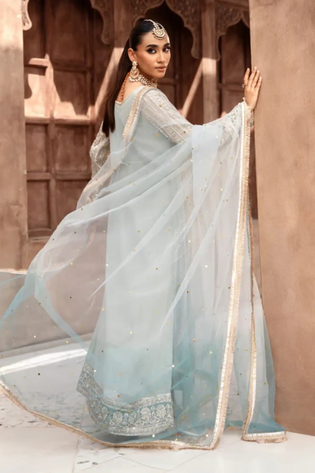 Darcel frost blue embroidered chiffon kurta set with net dupatta and raw silk trouser for festive wear