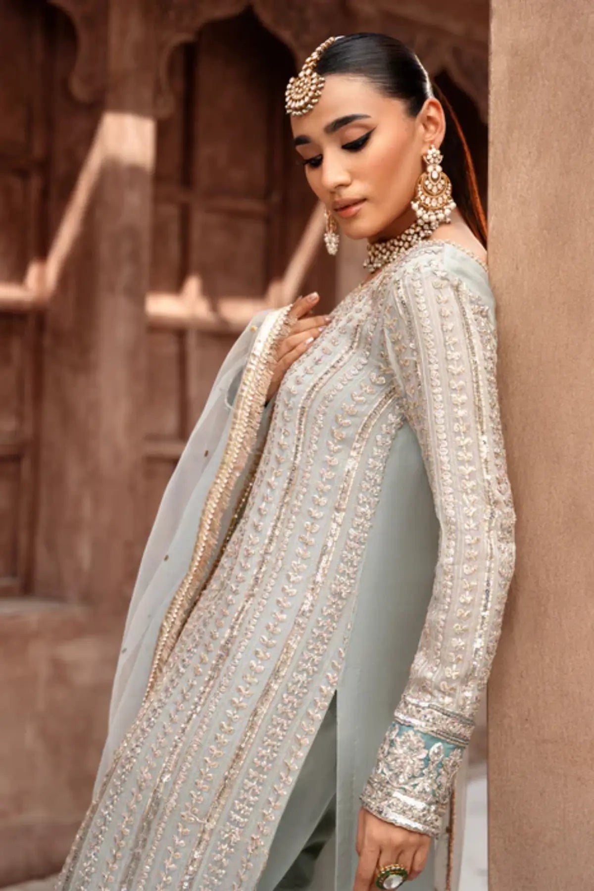 Darcel frost blue embroidered chiffon kurta set with net dupatta and raw silk trouser for festive wear