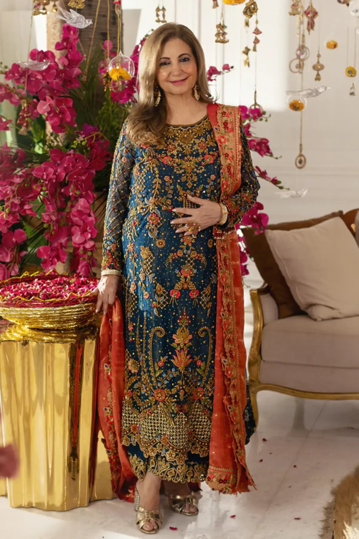 Daria Navy Blue Embroidered Net Wedding Guest Shirt with Gold Multicolor Floral Detailing, Cotton Silk Pants and Orange Lame Dupatta