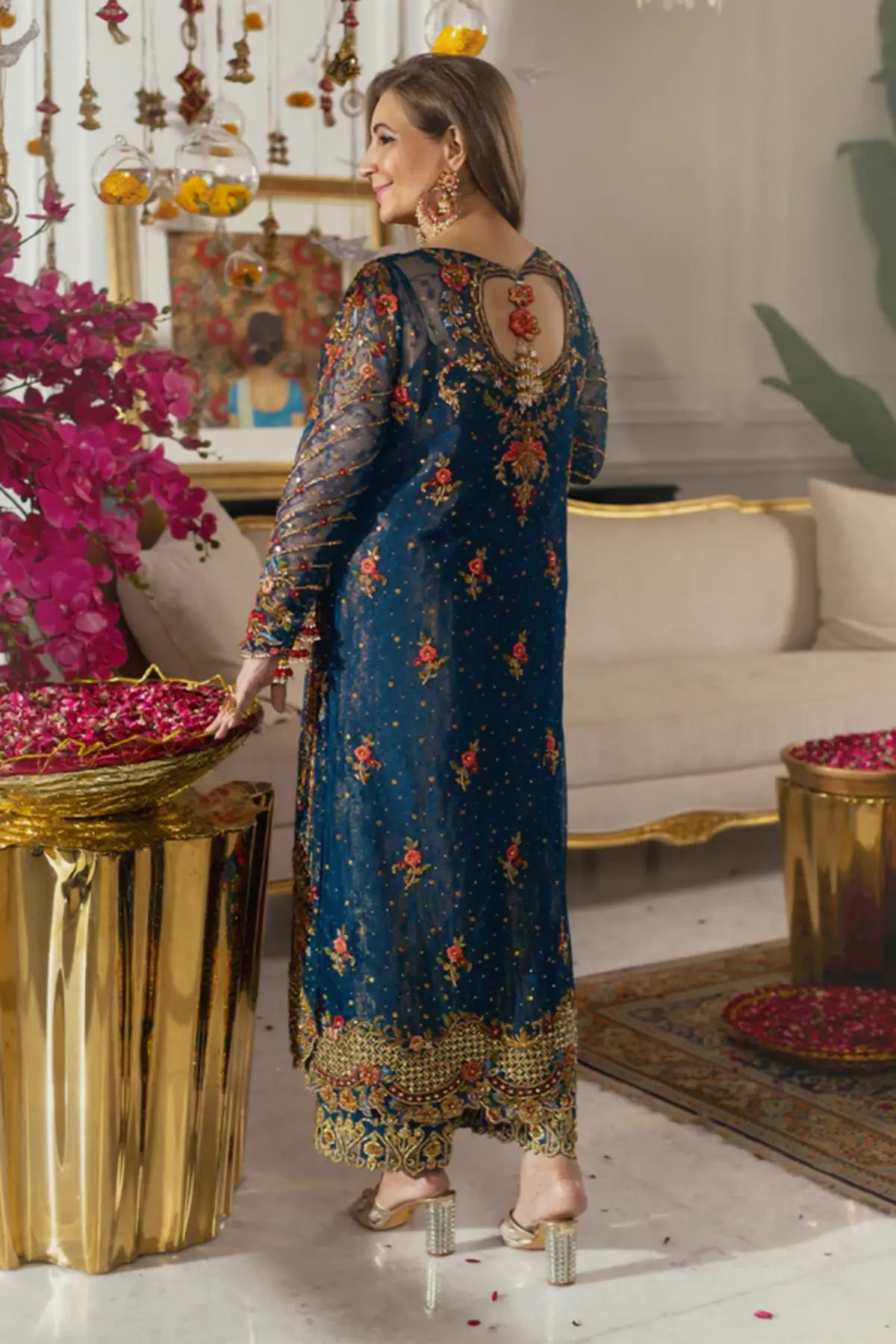 Daria Navy Blue Embroidered Net Wedding Guest Shirt with Gold Multicolor Floral Detailing, Cotton Silk Pants and Orange Lame Dupatta