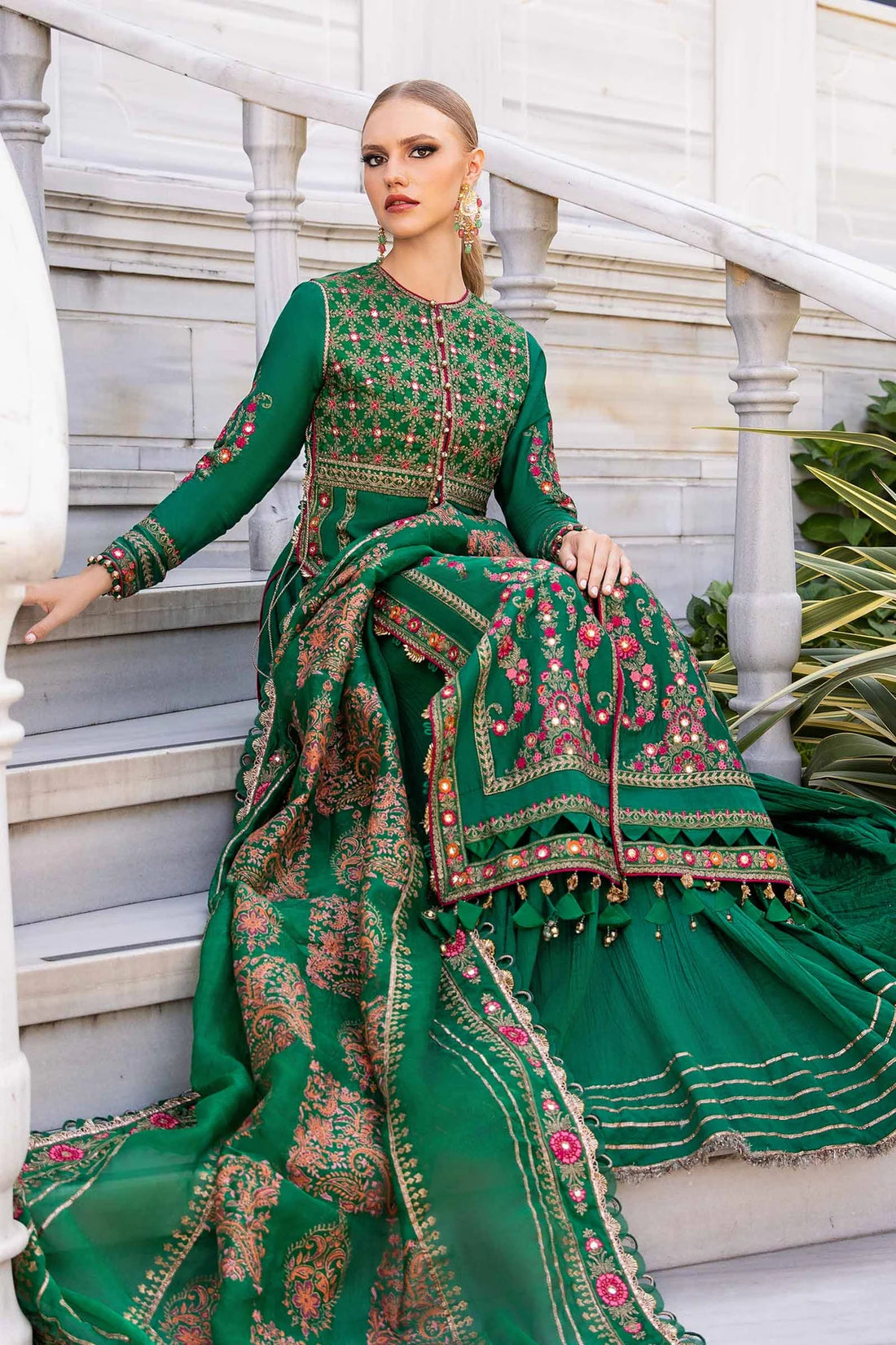 Dark Green Embroidered Cotton Satin Suit By Maria B