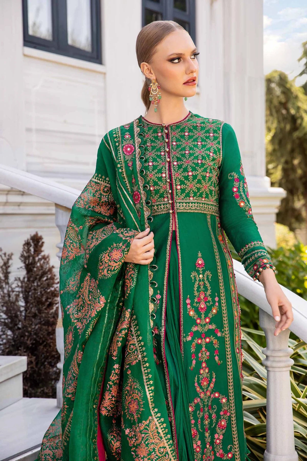 Dark Green Embroidered Cotton Satin Suit By Maria B