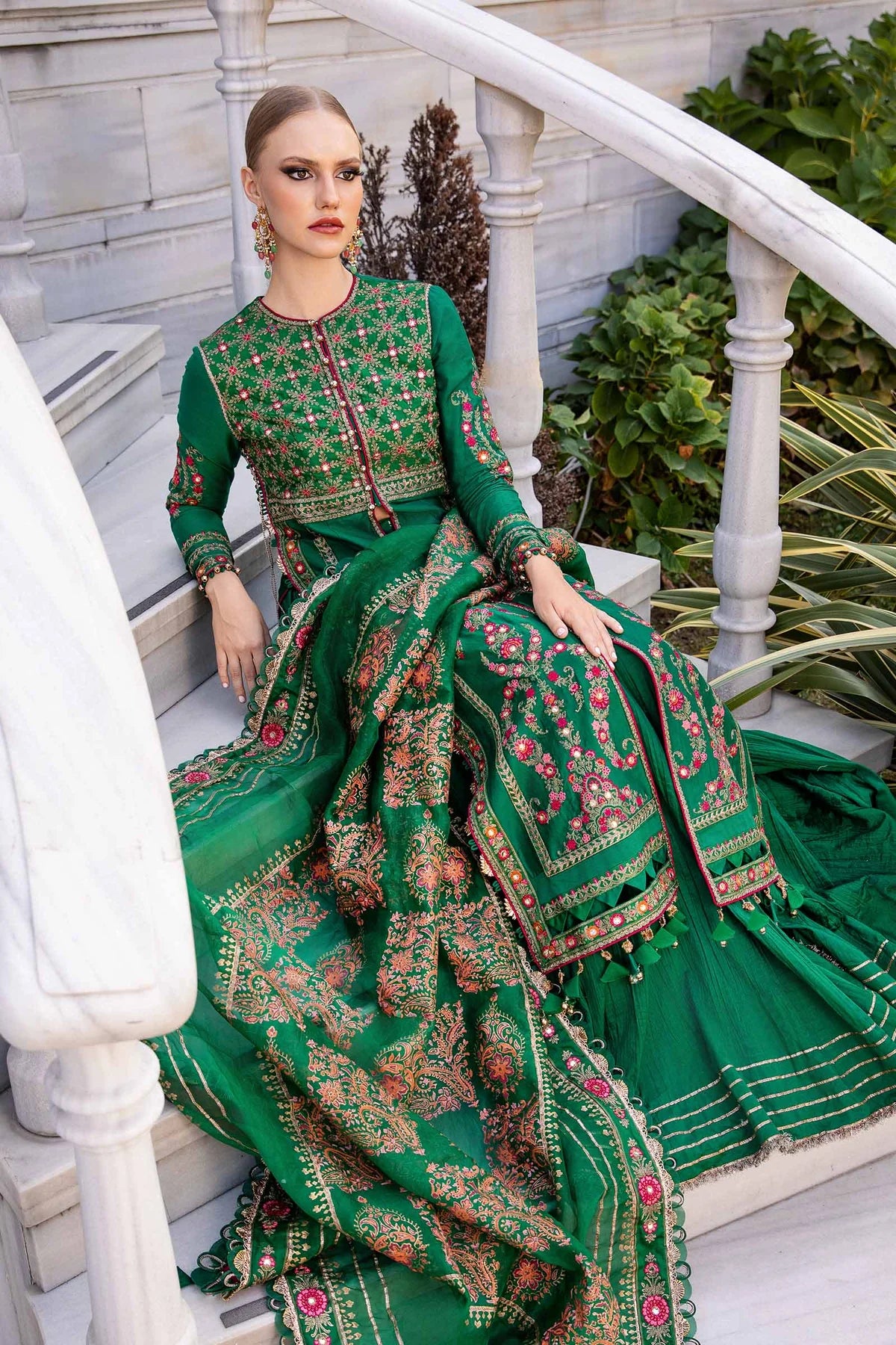 Dark Green Embroidered Cotton Satin Suit By Maria B