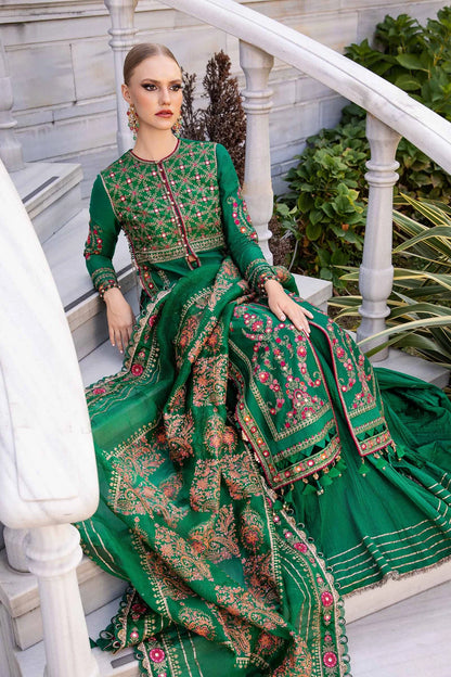 Dark Green Embroidered Cotton Satin Suit By Maria B