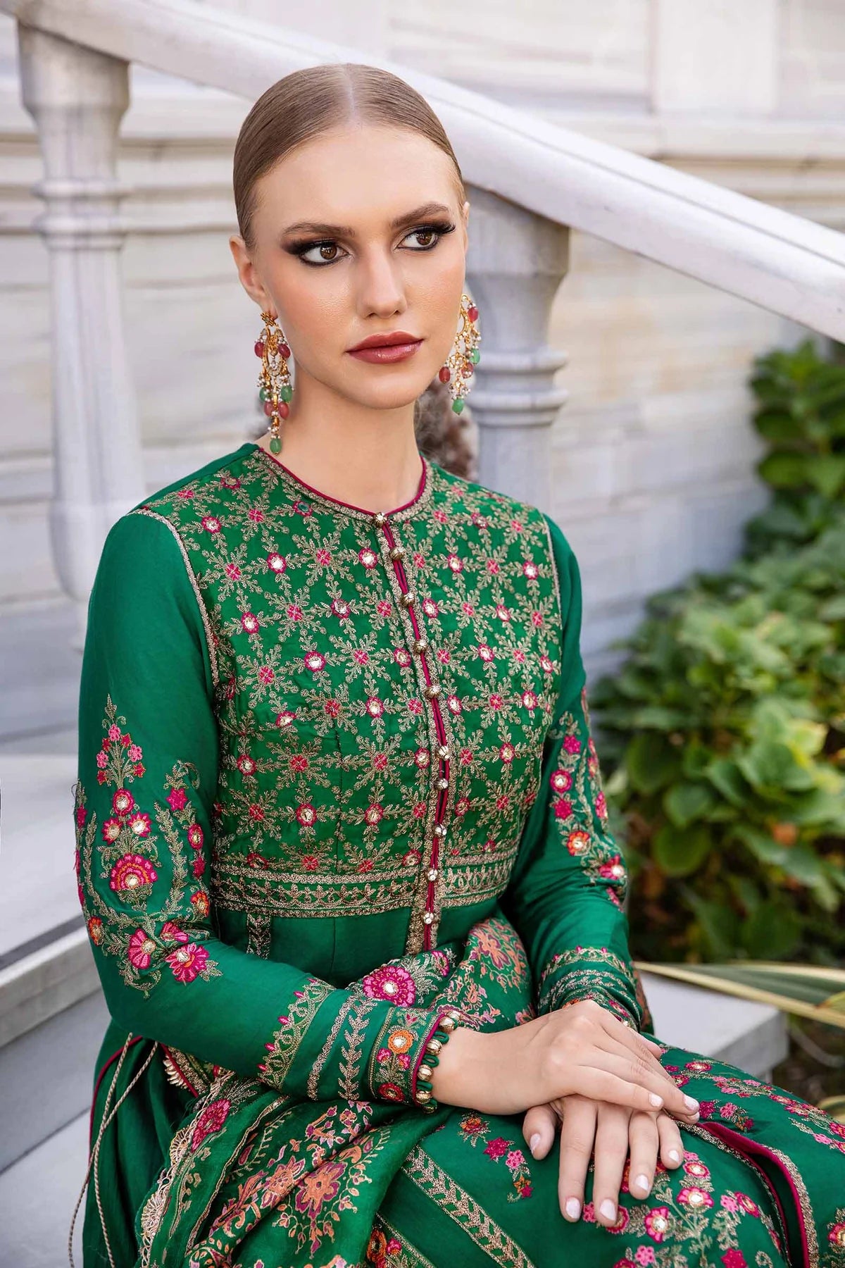 Dark Green Embroidered Cotton Satin Suit By Maria B