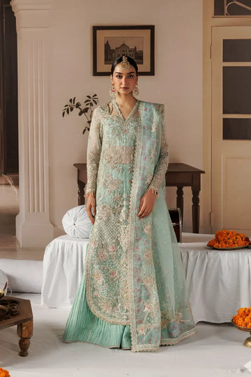 Dastoor aqua embroidered organza stitched wedding suit with floral detailing, raw silk trouser and elegant organza dupatta
