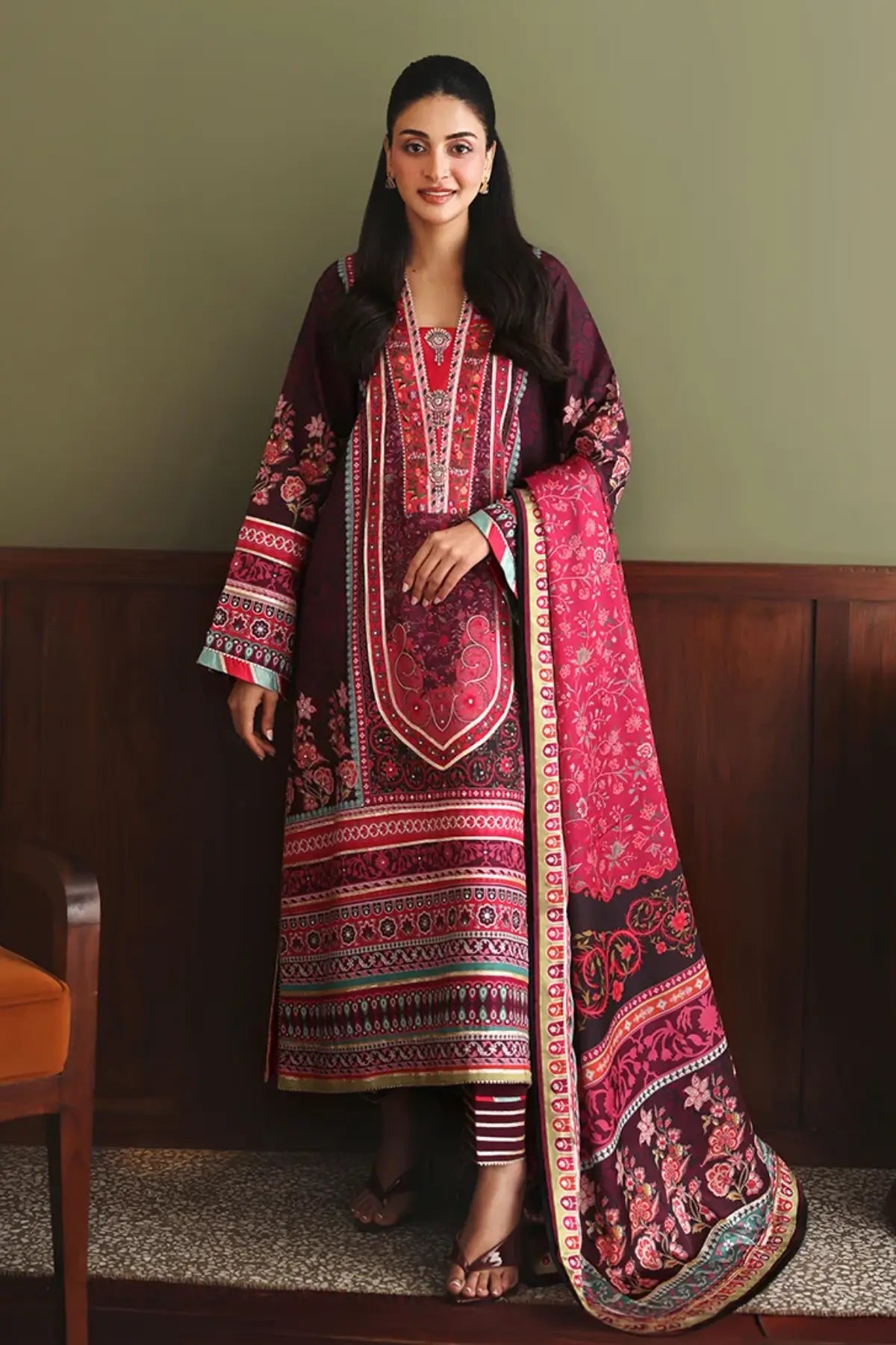 Day Dreamer Nirvana Anmol Edit deep purple printed embellished raw silk stitched 3PC Pakistani suit with printed silk dupatta