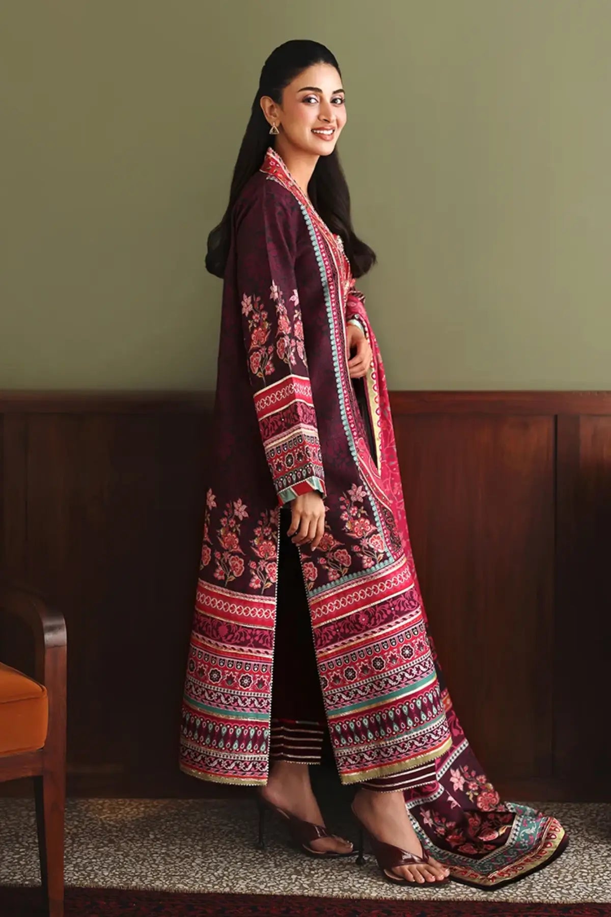Day Dreamer Nirvana Anmol Edit deep purple printed embellished raw silk stitched 3PC Pakistani suit with printed silk dupatta