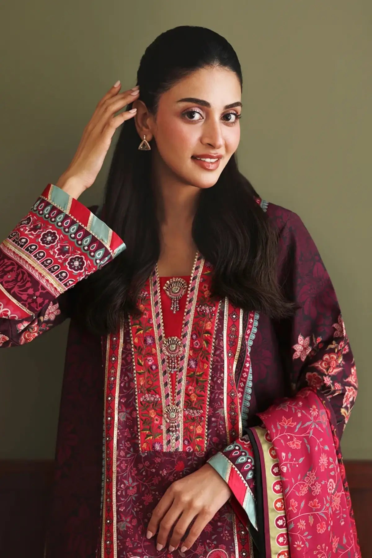 Day Dreamer Nirvana Anmol Edit deep purple printed embellished raw silk stitched 3PC Pakistani suit with printed silk dupatta